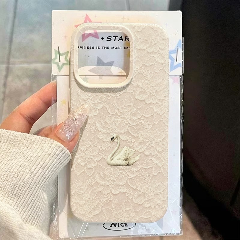 Phone Cases Popular - Lace Swan Pattern Lychee Texture Phone